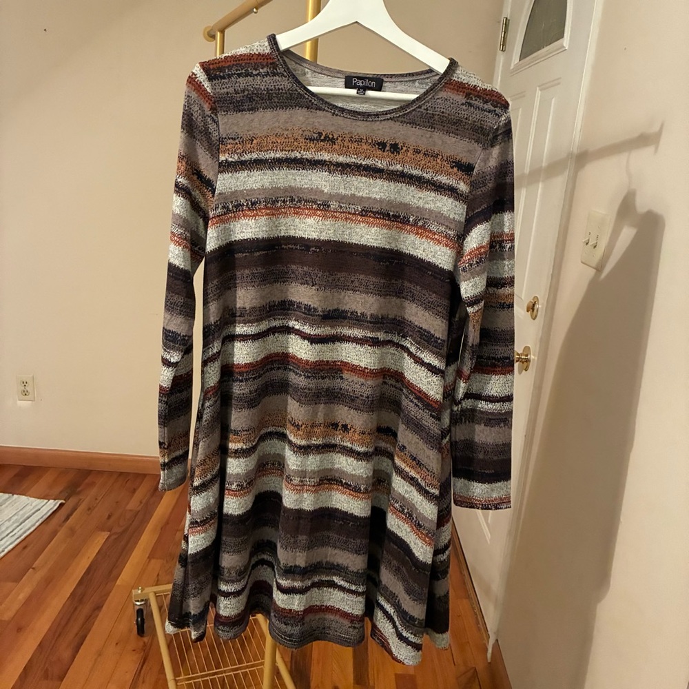 Papillon Blanc Striped Long-Sleeve Swing Dress in Brown, Cream and Rust